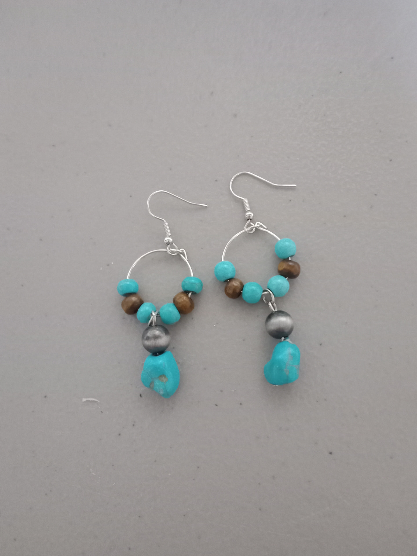 Turquoise & Wood Silver Hoop Earrings